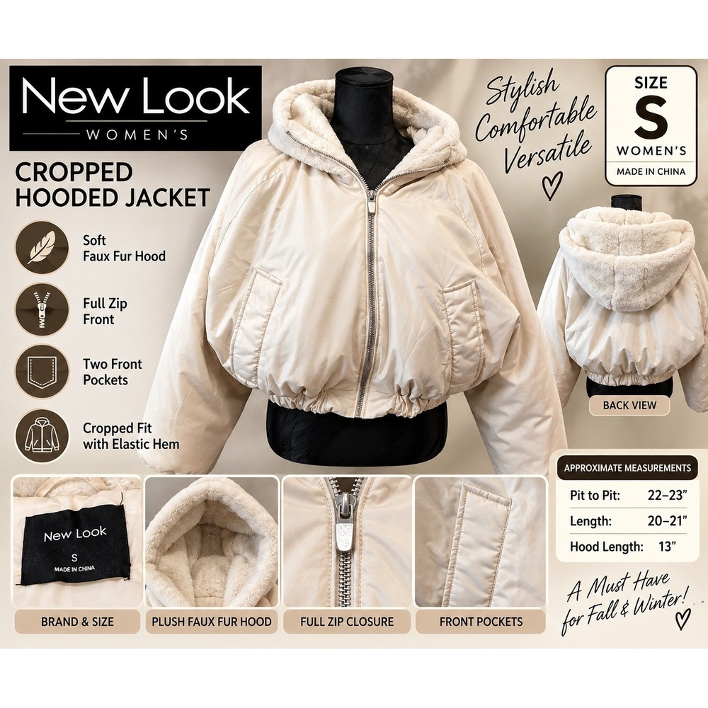 New Look Womens Cropped Hooded Jacket Cream Faux Fur Hood Small